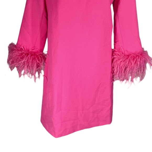Tuckernuck Hot Pink Feather Trim Mod Mini Dress Party Cocktail M NWT - Picture 7 of 10